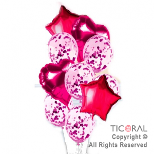 SET DE GLOBOS METALIZADOS Y LATEX CON CONFETI FUCSIA x 10 UNIDADES